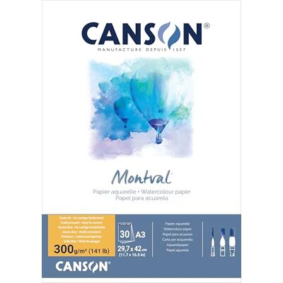 Canson Montval, akvarellpapper, finkorn, 300 gsm, limmat block på kortsidan, A3-29,7 x 42 cm, vit, 30 ark Canson Montval, akvarellpapper, finkorn, 300 gsm, limmat block på kortsidan, A3-29,7 x 42 cm, vit, 30 ark