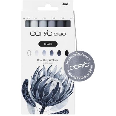 Copic Ciao Shade-set, cool grå och svart, 6 st. Markörset för skuggning, för färggradient + detaljer, påfyllningsbar Perfekt för att komma in i gråtonsvärlden Inkl. 1 multiliner gratis Copic Ciao Shade-set, cool grå och svart, 6 st. Markörset för skuggning, för färggradient + detaljer, påfyllningsbar Perfekt för att komma in i gråtonsvärlden Inkl. 1 multiliner gratis