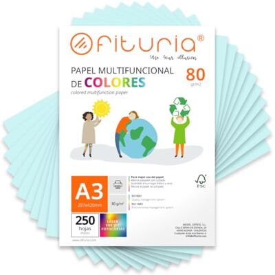 OFITURIA Färgade ark, förpackning med 250 ark A3 80gr färgat papper för hantverk, skrivare, scrapbooking färgglada blad perfekt för origami, vikning, kontor och skola (ljusblå, 250 h) OFITURIA Färgade ark, förpackning med 250 ark A3 80gr färgat papper för hantverk, skrivare, scrapbooking färgglada blad perfekt för origami, vikning, kontor och skola (ljusblå, 250 h)