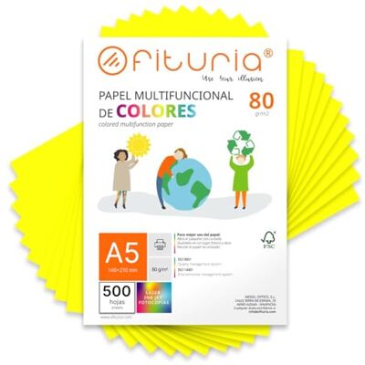 OFITURIA färgglada blad A5 80 g, förpackning med 500 ark – färgat papper för pyssel, skrivare och scrapbooking – färgglada A5-ark – perfekt för origami, kontor och skola (neongul) OFITURIA färgglada blad A5 80 g, förpackning med 500 ark – färgat papper för pyssel, skrivare och scrapbooking – färgglada A5-ark – perfekt för origami, kontor och skola (neongul)