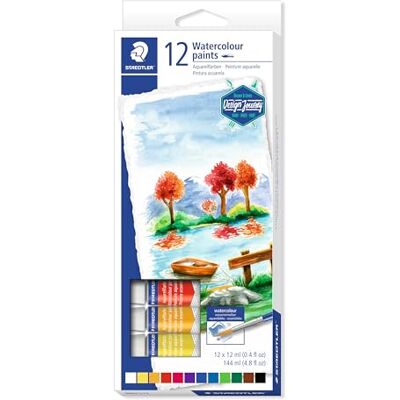 STAEDTLER Aquarellfarben, Hochpigmentiert, Leicht Mischbar, wasserlöslich, zur Verwendung auf Aquarellpapier, Kartonetui mit 12 farblich sortierten Aquarellfarben, Farbtuben à 12 ml, 8880 C12 STAEDTLER Aquarellfarben, Hochpigmentiert, Leicht Mischbar, wasserlöslich, zur Verwendung auf Aquarellpapier, Kartonetui mit 12 farblich sortierten Aquarellfarben, Farbtuben à 12 ml, 8880 C12