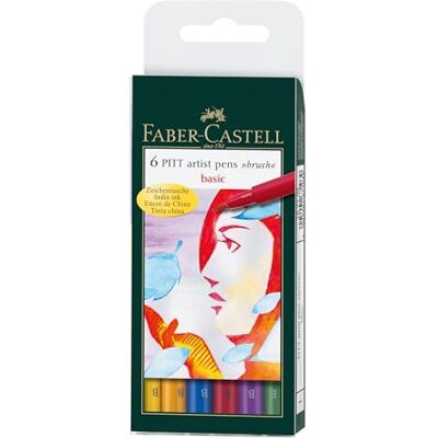 Faber-Castell Konst & Grafisk Pitt Artist Pen Brush India Ink Pen, Basic Colours Wallet Of 6, för konst, hantverk, ritning, skissning, hem, skola, universitet, färgning Faber-Castell Konst & Grafisk Pitt Artist Pen Brush India Ink Pen, Basic Colours Wallet Of 6, för konst, hantverk, ritning, skissning, hem, skola, universitet, färgning