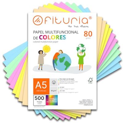 OFITURIA Färgade A5-ark 80 g, 500-pack – färgat papper för arbete, skrivare och klippbokning – färgglada A5-ark – perfekt för Origami, kontor och skola (Surtido Pastel) OFITURIA Färgade A5-ark 80 g, 500-pack – färgat papper för arbete, skrivare och klippbokning – färgglada A5-ark – perfekt för Origami, kontor och skola (Surtido Pastel)