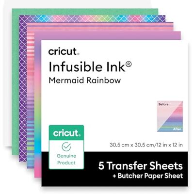 Cricut Infusible Ink överföringsark butcher papper, mermaid, för släta värmeöverföringar, 30,5 cm x 30,5 cm, kompatibel med Heat Press – förpackning med 5 ink-överföringsark och 1 knapp Cricut Infusible Ink överföringsark butcher papper, mermaid, för släta värmeöverföringar, 30,5 cm x 30,5 cm, kompatibel med Heat Press – förpackning med 5 ink-överföringsark och 1 knapp