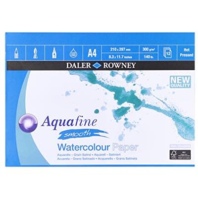 Daler Rowney Daler-Rowney Aquafine Smooth Hot-Pressed Akvarell & Gouache 300 gsm A4-pappersdyna, limmad 1 sida, naturlig vit, 12 ark, för professionella och nybörjare, syrafri Daler Rowney Daler-Rowney Aquafine Smooth Hot-Pressed Akvarell & Gouache 300 gsm A4-pappersdyna, limmad 1 sida, naturlig vit, 12 ark, för professionella och nybörjare, syrafri