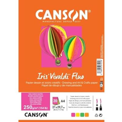 Canson Iris Vivaldi, Färgritpapper, Vanligt, 240 g, Ark, A4-21x29,7, 4 Blandade Fluo-färger, 20 ark Canson Iris Vivaldi, Färgritpapper, Vanligt, 240 g, Ark, A4-21x29,7, 4 Blandade Fluo-färger, 20 ark