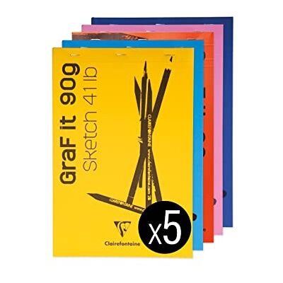 Clairefontaine Graf'It skissböcker; A4; 90 g; 80 vita sidor – blandade färger; paket med 5 Clairefontaine Graf'It skissböcker; A4; 90 g; 80 vita sidor – blandade färger; paket med 5