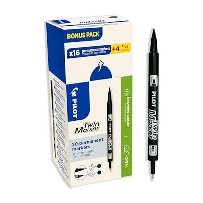 PILOT Set med 20 Twin Marker 2-i-1 permanent markör ultraexakt plottning på flera ytor tillverkad av återvunnen plast svart fin och extra fin dubbelspets PILOT Set med 20 Twin Marker 2-i-1 permanent markör ultraexakt plottning på flera ytor tillverkad av återvunnen plast svart fin och extra fin dubbelspets