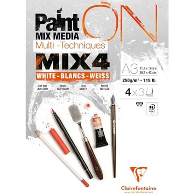Clairefontaine 975996C Bloc Collé PaintON MIX4 Multi-techniques A3 29,7x42 cm 250g 12 Feuilles Papier Dessin Multi-techniques Assorti de 4 Papiers Blancs x3 Feuilles Clairefontaine 975996C Bloc Collé PaintON MIX4 Multi-techniques A3 29,7x42 cm 250g 12 Feuilles Papier Dessin Multi-techniques Assorti de 4 Papiers Blancs x3 Feuilles