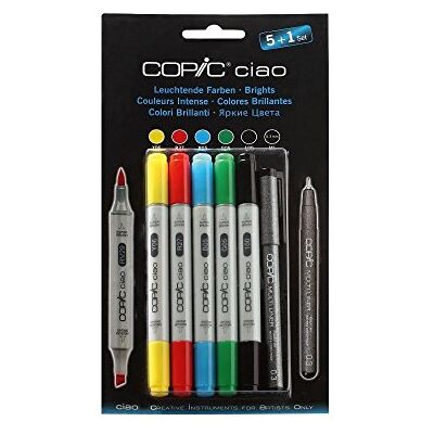 Copic Ciao märkpennor 5 + 1 set "ljusa färger", 5 alkoholbaserade allround-layoutmärkpennor med en medelbred och en penselspets, inkl. 1 Multiliner 0,3 mm Copic Ciao märkpennor 5 + 1 set "ljusa färger", 5 alkoholbaserade allround-layoutmärkpennor med en medelbred och en penselspets, inkl. 1 Multiliner 0,3 mm