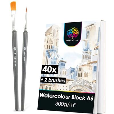 OfficeTree 40 x akvarellpapper A6 300 g – akvarellblock A6 vit – Ritblock inklusive 2 penslar – akvarell vykort blank – ritblock akvarell papper OfficeTree 40 x akvarellpapper A6 300 g – akvarellblock A6 vit – Ritblock inklusive 2 penslar – akvarell vykort blank – ritblock akvarell papper