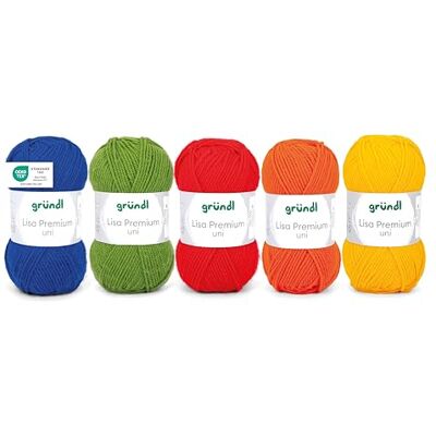 Gründl ull Lisa Premium uni 5 x 50 g mix – stickgarn – virkgarn – 100% polyakryl – supermjukt och enkelt underhåll – blå-grön-röd-orange-gul Gründl ull Lisa Premium uni 5 x 50 g mix – stickgarn – virkgarn – 100% polyakryl – supermjukt och enkelt underhåll – blå-grön-röd-orange-gul