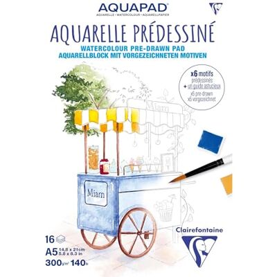 Clairefontaine 976071C Bloc Collé Aquarelle Prédessiné A5 14,8x21 cm 300g 15 Feuilles Papier Aquarelle Blanc Grain Fin Thème Gourmandises Clairefontaine 976071C Bloc Collé Aquarelle Prédessiné A5 14,8x21 cm 300g 15 Feuilles Papier Aquarelle Blanc Grain Fin Thème Gourmandises