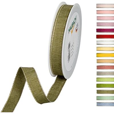 Halbach Sidenband dekorationsband med linnekanter bredd: 15 mm längd 20 m, presentband för utsmyckning hantverk eller design, gör-det-själv dekorband, färg: olivgrön/linne Halbach Sidenband dekorationsband med linnekanter bredd: 15 mm längd 20 m, presentband för utsmyckning hantverk eller design, gör-det-själv dekorband, färg: olivgrön/linne