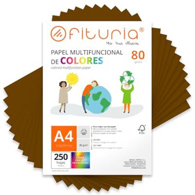 OFITURIA Färgade ark, förpackning med 250 A4-ark 80gr färgat papper för hantverk, skrivare, scrapbooking färgglada blad perfekt för origami, vikning, kontor och skola (brunt, 250 h) OFITURIA Färgade ark, förpackning med 250 A4-ark 80gr färgat papper för hantverk, skrivare, scrapbooking färgglada blad perfekt för origami, vikning, kontor och skola (brunt, 250 h)