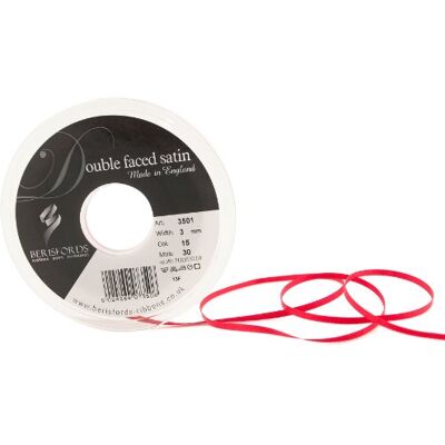 Berisfords dubbelt satinband, röd, 3 mm Berisfords dubbelt satinband, röd, 3 mm