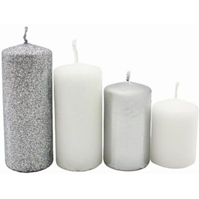 Dekohelden24 Skiktade pelarljus, adventsljus, adventskransljus, i silver och vitt, 4 storlekar H 5-10 cm, diameter 4 cm vardera, 280 gr Dekohelden24 Skiktade pelarljus, adventsljus, adventskransljus, i silver och vitt, 4 storlekar H 5-10 cm, diameter 4 cm vardera, 280 gr