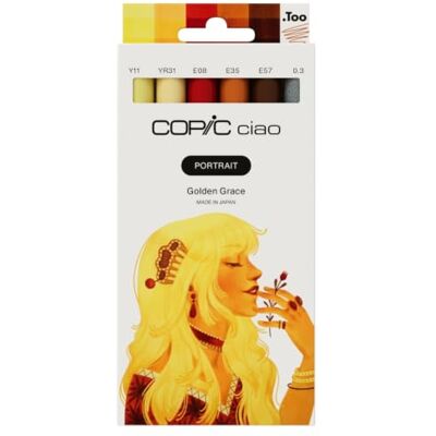 Copic Ciao PORTRAIT set Golden Grace, 5 guld- och bruna nyanser inkl. 1 multiliner 0,3 mm i sepia, tvillingmärkpenna med en medelbred och en penselspets Copic Ciao PORTRAIT set Golden Grace, 5 guld- och bruna nyanser inkl. 1 multiliner 0,3 mm i sepia, tvillingmärkpenna med en medelbred och en penselspets