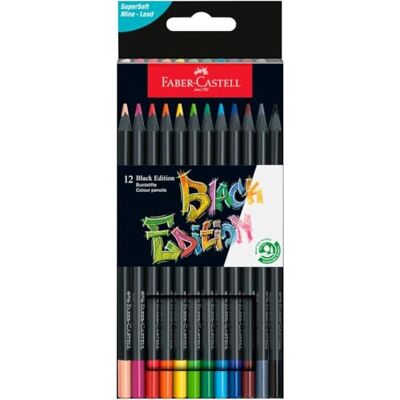 Faber-Castell 116412 Black Edition Färgpennor Låda Med 12, Levande Färger, Brytresistenta Konstpennor Med Ergonomiskt Grepp, För Ljust Och Mörkt Papper Faber-Castell 116412 Black Edition Färgpennor Låda Med 12, Levande Färger, Brytresistenta Konstpennor Med Ergonomiskt Grepp, För Ljust Och Mörkt Papper