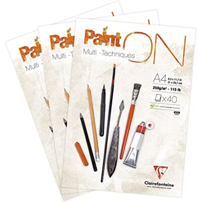 Clairefontaine 96537AMZC Un lot de 3 blocs encollés de papier dessin Paint'On 40 feuilles 21x29,7 cm 250g, Blanc Clairefontaine 96537AMZC Un lot de 3 blocs encollés de papier dessin Paint'On 40 feuilles 21x29,7 cm 250g, Blanc