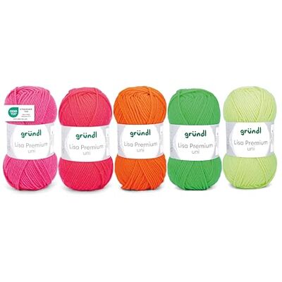 Gründl Ull Lisa Premium uni, garn för stickning och virkning tillverkat av 100% polaykryl, 50 g/133 m, 5 x 50 g nystan, stickset, neonrosa-orange-gul-grön Gründl Ull Lisa Premium uni, garn för stickning och virkning tillverkat av 100% polaykryl, 50 g/133 m, 5 x 50 g nystan, stickset, neonrosa-orange-gul-grön