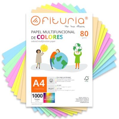 OFITURIA Färgade ark, paket med 1 000-ark 80gr – färgat papper för arbete, skrivare, klippbok – färgat papper – perfekt Origami, Papiroflexi, kontor y school (pastellval, 1 000 timmar) OFITURIA Färgade ark, paket med 1 000-ark 80gr – färgat papper för arbete, skrivare, klippbok – färgat papper – perfekt Origami, Papiroflexi, kontor y school (pastellval, 1 000 timmar)