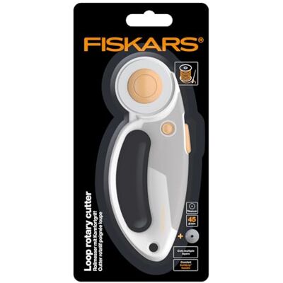 Fiskars roterande kniv i titan, roterande kniv med loophandtag, höger- och vänsterhänt, knivdiameter: 45 mm, orange/vit/grå, 1066047 Fiskars roterande kniv i titan, roterande kniv med loophandtag, höger- och vänsterhänt, knivdiameter: 45 mm, orange/vit/grå, 1066047