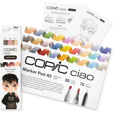 Copic Ciao LAYER & MIX startset varmt, märkpennor set med 3 olika färger, markörpapper och ritmall att pausa, inklusive inlärningsblad Copic Ciao LAYER & MIX startset varmt, märkpennor set med 3 olika färger, markörpapper och ritmall att pausa, inklusive inlärningsblad