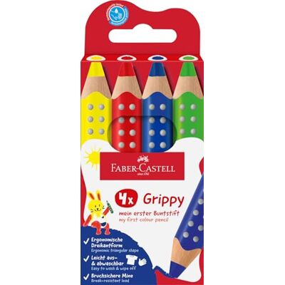 Faber-Castell 110701 – Grippy-set, 4 jumbo-färgpennor för småbarn, lätt tvättbara färgpennor för barn, ergonomisk triangulär form, tjocka färgpennor, 10 mm tjock stift Faber-Castell 110701 – Grippy-set, 4 jumbo-färgpennor för småbarn, lätt tvättbara färgpennor för barn, ergonomisk triangulär form, tjocka färgpennor, 10 mm tjock stift