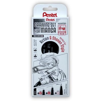 Pentel Manga Set Shone Style, innehåll: 1 penselpenna och 2 fineliner 0,05 mm och 0,2 mm, svart, pigmenterat bläck Pentel Manga Set Shone Style, innehåll: 1 penselpenna och 2 fineliner 0,05 mm och 0,2 mm, svart, pigmenterat bläck
