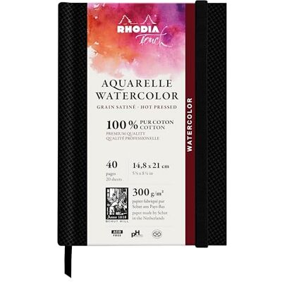 Rhodia 116158C akvarellanteckningsbok 300 g/m, 100% bomull satinkorn A5 porträtt 40 sidor akvarellbok Touch hård anteckningsbok Rhodia 116158C akvarellanteckningsbok 300 g/m, 100% bomull satinkorn A5 porträtt 40 sidor akvarellbok Touch hård anteckningsbok