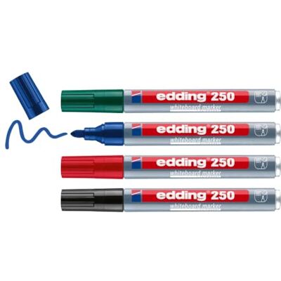 edding 250 Whiteboardmarkerset – färgglada färger – 4 whiteboardpennor – rund spets 1,5–3 mm – kan torkas av brädan – för whiteboard, flippchart, magnettavla, memoboard – sketchnoter – påfyllningsbar edding 250 Whiteboardmarkerset – färgglada färger – 4 whiteboardpennor – rund spets 1,5–3 mm – kan torkas av brädan – för whiteboard, flippchart, magnettavla, memoboard – sketchnoter – påfyllningsbar