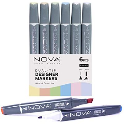 Nova Sketchmarkörer – pasteller – 6 pennor – japanska spetsar, dubbla ändar, alkoholbaserat bläck – breda och fina spetsar – blandbar – för animering, design, konst, hantverk och skissa Nova Sketchmarkörer – pasteller – 6 pennor – japanska spetsar, dubbla ändar, alkoholbaserat bläck – breda och fina spetsar – blandbar – för animering, design, konst, hantverk och skissa