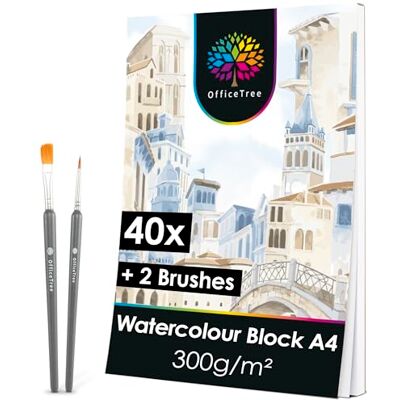 OfficeTree A4-40 ark 300 g akvarellpapper A4 akvarellblad akvarellblock vitt ritpapper målarblad med 2 gratis borstar OfficeTree A4-40 ark 300 g akvarellpapper A4 akvarellblad akvarellblock vitt ritpapper målarblad med 2 gratis borstar