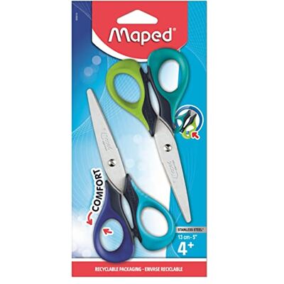 Maped – 2 par saxar Sensoft 13 cm – barnsax med symmetriska ringar inuti mjuk – skolsax från 4 år – blå + grön Maped – 2 par saxar Sensoft 13 cm – barnsax med symmetriska ringar inuti mjuk – skolsax från 4 år – blå + grön