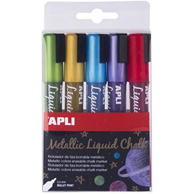 APLI 17082 Flytande kritamarkörer rund spets 5,5 mm assorterade metalliska färger 5 u APLI 17082 Flytande kritamarkörer rund spets 5,5 mm assorterade metalliska färger 5 u