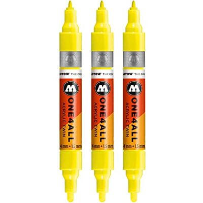 Molotow One4All Acrylic Twin markeringspenna (linjetjocklek 1,5 mm och 4 mm, hög täckning och permanent), 3 stycken färg 220 neon gul flouresande Molotow One4All Acrylic Twin markeringspenna (linjetjocklek 1,5 mm och 4 mm, hög täckning och permanent), 3 stycken färg 220 neon gul flouresande