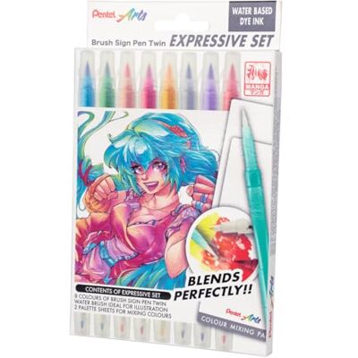 Pentel Brush Sign Pen Twin SESW30C Colouring & Blending Set Manga, innehåll: 8 penslar, 1 vattentank pensel, 2 färgblandningsblad Pentel Brush Sign Pen Twin SESW30C Colouring & Blending Set Manga, innehåll: 8 penslar, 1 vattentank pensel, 2 färgblandningsblad