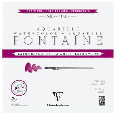 Clairefontaine 976045C Bloc Encollé 4 Côtés Fontaine Extra Blanc 15 Feuilles Papier Aquarelle Extra Blanc 100% Coton Grain Fin Qualité Professionnelle 20x20cm 300g Clairefontaine 976045C Bloc Encollé 4 Côtés Fontaine Extra Blanc 15 Feuilles Papier Aquarelle Extra Blanc 100% Coton Grain Fin Qualité Professionnelle 20x20cm 300g