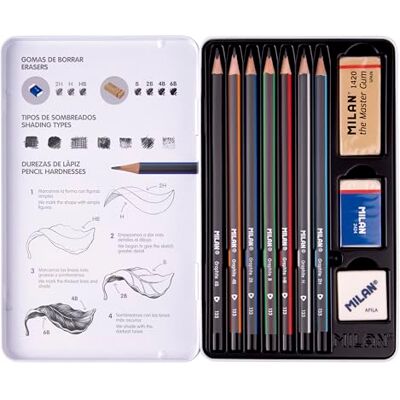 MILAN ® Set med 7 grafitpennor (2H,H, HB, B, 2B, 4B, 6B) med 2 radergummi och pennvässare i metallfodral MILAN ® Set med 7 grafitpennor (2H,H, HB, B, 2B, 4B, 6B) med 2 radergummi och pennvässare i metallfodral