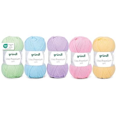 Gründl Ull Lisa Premium uni, garn för stickning och virkning tillverkat av 100% polaykryl, 50 g/133 m, 5 x 50 g nystan, stickset babygrön-blå-lila-rosa-gul Gründl Ull Lisa Premium uni, garn för stickning och virkning tillverkat av 100% polaykryl, 50 g/133 m, 5 x 50 g nystan, stickset babygrön-blå-lila-rosa-gul