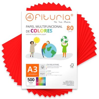 OFITURIA A3-färgfolio, 80 gr, 500 ark – rött papper för hantverk, skrivare och scrapbooking – A3-färgade folios – perfekt origami, kontor och skola (röd) OFITURIA A3-färgfolio, 80 gr, 500 ark – rött papper för hantverk, skrivare och scrapbooking – A3-färgade folios – perfekt origami, kontor och skola (röd)