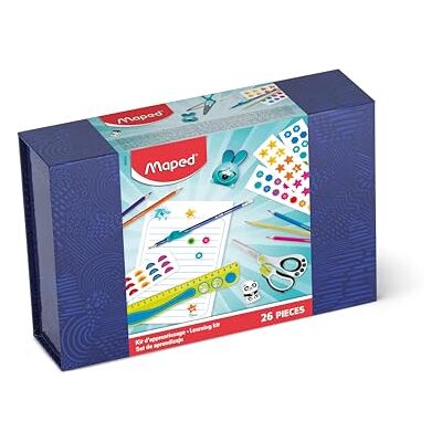 Maped Kidy 26-delars skrivset färgpennor, sax, suddgummi, pennvässare, linjal, papperspennor och fingerguide skrivbok + 4 klistermärken Maped Kidy 26-delars skrivset färgpennor, sax, suddgummi, pennvässare, linjal, papperspennor och fingerguide skrivbok + 4 klistermärken