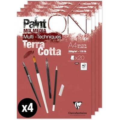 Clairefontaine 976153Cpack Paquet 4 Blocs Encollés PaintON Multi-techniques A4 21x29,7 cm 250g 20 Feuilles Papier Dessin au Grain Légèrement Rugueux Terracotta Clairefontaine 976153Cpack Paquet 4 Blocs Encollés PaintON Multi-techniques A4 21x29,7 cm 250g 20 Feuilles Papier Dessin au Grain Légèrement Rugueux Terracotta
