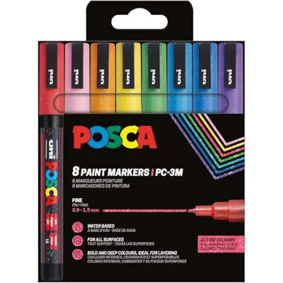 Posca 186539 -märkpennor – 8 st akryl-glitterpennor PC-3M permanenta markörer – 0,9–1,3 mm rund spets Posca 186539 -märkpennor – 8 st akryl-glitterpennor PC-3M permanenta markörer – 0,9–1,3 mm rund spets