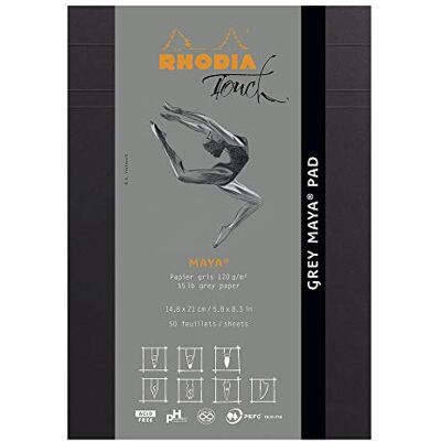 Rhodia 116106C – Anteckningsblock Grey Maya Pad, häftad på huvudsidan, A5 (14,8 x 21 cm), 50 ark mikroperforerade, tom, Clairefontaine-papper Maya grå 120 g, svart, 1 styck Rhodia 116106C – Anteckningsblock Grey Maya Pad, häftad på huvudsidan, A5 (14,8 x 21 cm), 50 ark mikroperforerade, tom, Clairefontaine-papper Maya grå 120 g, svart, 1 styck