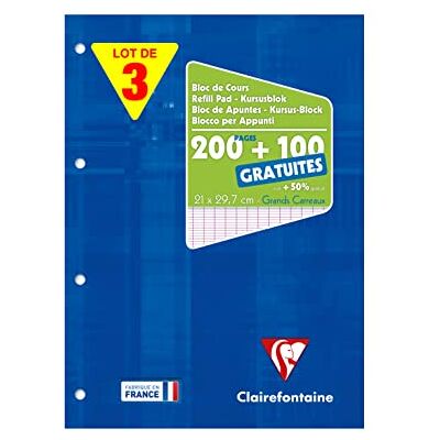 Clairefontaine 65819AMZC – Set med 3 kursblock, 150 ark, 90 g, fransk linjering, 4-faldigt perforerad, 1 set, blå Clairefontaine 65819AMZC – Set med 3 kursblock, 150 ark, 90 g, fransk linjering, 4-faldigt perforerad, 1 set, blå