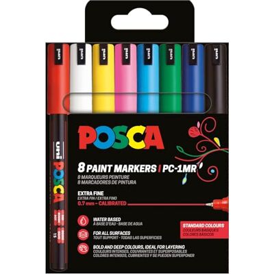 Posca Mitsubishi Pencil påse med 8 markörer PC1MR extra fin spets kalibrerad 0,7 mm vattenbaserad färg alla underlag grundfärger Posca Mitsubishi Pencil påse med 8 markörer PC1MR extra fin spets kalibrerad 0,7 mm vattenbaserad färg alla underlag grundfärger