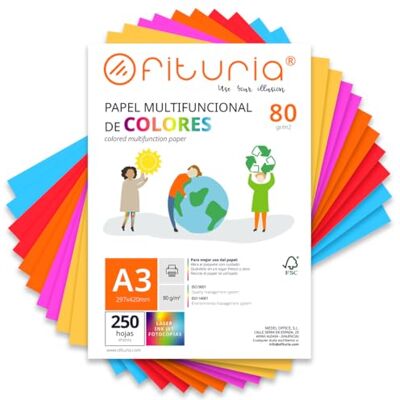 OFITURIA Färgfolio, 250-pack A3-ark 80 gr – färgat papper för hantverk, skrivare, scrapbooking, färgfolio, perfekt origami, payrogami, kontor och skola (starkt blankt, 250 timmar) OFITURIA Färgfolio, 250-pack A3-ark 80 gr – färgat papper för hantverk, skrivare, scrapbooking, färgfolio, perfekt origami, payrogami, kontor och skola (starkt blankt, 250 timmar)