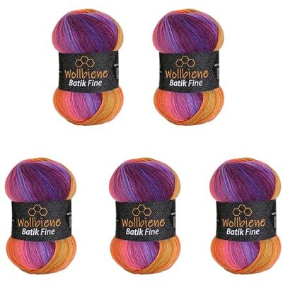 Wollbiene 5 x 100 g ullbi batik fin 500 gram ull med färggradient flerfärgad stickad ull virkull (5 600 lila bär orange) Wollbiene 5 x 100 g ullbi batik fin 500 gram ull med färggradient flerfärgad stickad ull virkull (5 600 lila bär orange)